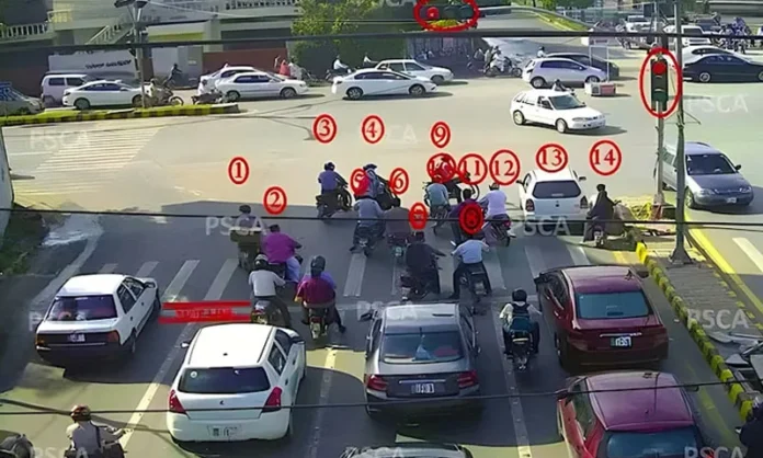 پنجاب ٹریفک پولیس کا کریک ڈاؤن – موٹر سائیکل سواروں کو ہیلمٹ چیک کرتے اہلکار